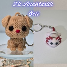 3D Atölye Maker  Krem Örgü Desenli Köpek ve Açık Pembe Esnek Axolot Anahtarlık