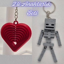 3D Atölye Maker  Kırmızı Hareketli Kalp ve Gümüş MineCraft Skeleton Anahtarlık