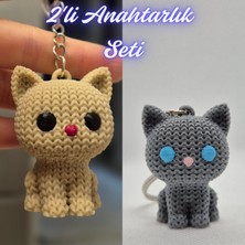 3D Atölye Maker  Krem Örgü Desenli Kedi ve Gümüş Örgü Desenli Kedi Anahtarlık
