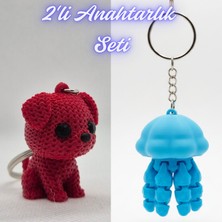 3D Atölye Maker  Kırmızı Örgü Desenli Köpek ve Açık Mavi Hareketli Deniz Anası Anahtarlık