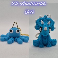 3D Atölye Maker  Açık Mavi Şaşkın Ahtapot ve Açık Mavi Örgü Desen Triceratops Anahtarlık