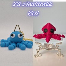 3D Atölye Maker  Açık Mavi Şaşkın Ahtapot ve Kırmızı Kalamar Anahtarlık