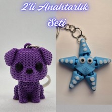 3D Atölye Maker  Mor Örgü Desenli Köpek ve Açık Mavi Hareketli Deniz Yıldızı Anahtarlık