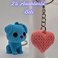 3D Atölye Maker  Açık Mavi Örgü Desenli Köpek ve Açık Pembe Örgü Desenli Kalp Anahtarlık