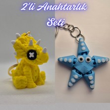 3D Atölye Maker  Sarı Örgü Desen Triceratops ve Açık Mavi Hareketli Deniz Yıldızı Anahtarlık