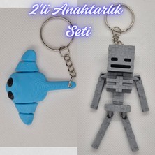 3D Atölye Maker  Açık Mavi Esnek Vatoz ve Gümüş MineCraft Skeleton Anahtarlık