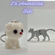 3D Atölye Maker  Beyaz Örgü Desenli Köpek ve Gümüş Esnek Kedi Anahtarlık