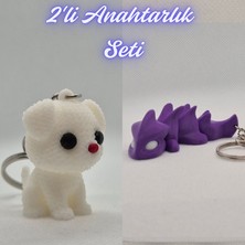 3D Atölye Maker  Beyaz Örgü Desenli Köpek ve Mor Esnek Ejder Anahtarlık
