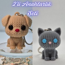 3D Atölye Maker Krem Örgü Desenli Köpek ve Gümüş Örgü Desenli Kedi Anahtarlık