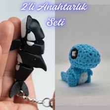 3D Atölye Maker  Siyah Esnek Balina ve Açık Mavi Örgü Desen Hareketli Dino Anahtarlık