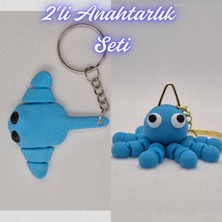 3D Atölye Maker  Açık Mavi Esnek Vatoz ve Açık Mavi Şaşkın Ahtapot Anahtarlık