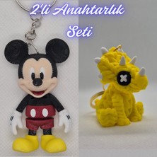 3D Atölye Maker Mavi Esnek Mickey Mouse ve Sarı Örgü Desen Triceratops Anahtarlık