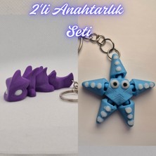 3D Atölye Maker  Mor Esnek Ejder ve Açık Mavi Hareketli Deniz Yıldızı Anahtarlık