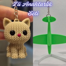 3D Atölye Maker  Krem Örgü Desenli Kedi ve Yeşil Uçak Anahtarlık