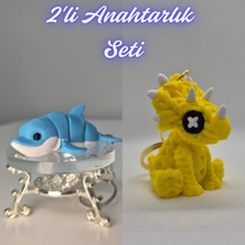 3D Atölye Maker  Açık Mavi Esnek Renkli Yunus ve Sarı Örgü Desen Triceratops Anahtarlık