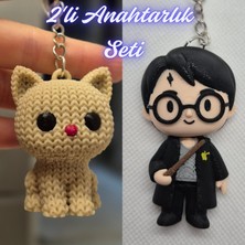 3D Atölye Maker Krem Örgü Desenli Kedi ve Siyah Harry Potter Anahatarlık Anahtarlık