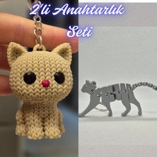 3D Atölye Maker  Krem Örgü Desenli Kedi ve Gümüş Esnek Kedi Anahtarlık