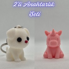 3D Atölye Maker  Beyaz Örgü Desenli Köpek ve Açık Pembe Unicorn Anahtarlık