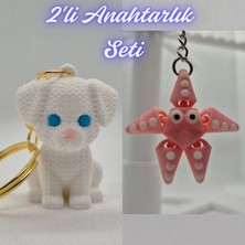 3D Atölye Maker  Beyaz Örgü Desen Köpek-2 ve Pembe Hareketli Deniz Yıldızı Anahtarlık