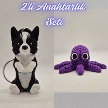3D Atölye Maker  Siyah Border Esnek Köpek ve Mor Örgü Desen Ahtapot Anahtarlık