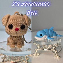 3D Atölye Maker  Krem Örgü Desenli Köpek ve Açık Mavi Esnek Renkli Yunus Anahtarlık