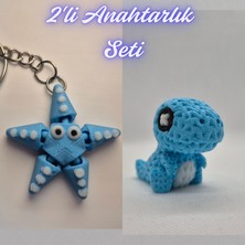 3D Atölye Maker  Açık Mavi Hareketli Deniz Yıldızı ve Açık Mavi Örgü Desen Hareketli Dino Anahtarlık