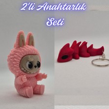 3D Atölye Maker  Açık Pembe Labubu ve Kırmızı Esnek Ejder Anahtarlık