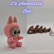 3D Atölye Maker  Açık Pembe Labubu ve Koyu Kahverengi Esnek Ejder Anahtarlık