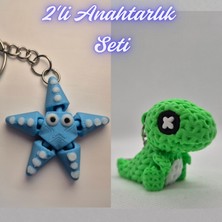 3D Atölye Maker  Açık Mavi Hareketli Deniz Yıldızı ve Yeşil Örgü Desen Hareketli Dino Anahtarlık