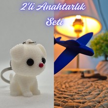 3D Atölye Maker  Beyaz Örgü Desenli Köpek ve Mavi Uçak Anahtarlık