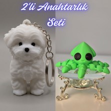 3D Atölye Maker  Beyaz Maltase Terrier ve Açık Yeşil Kalamar Anahtarlık