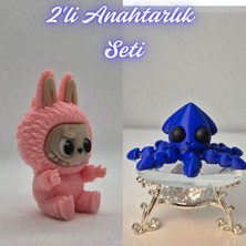 3D Atölye Maker  Açık Pembe Labubu ve Mavi Kalamar Anahtarlık