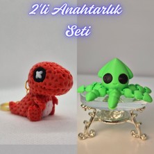 3D Atölye Maker  Kırmızı Örgü Desen Hareketli Dino ve Açık Yeşil Kalamar Anahtarlık