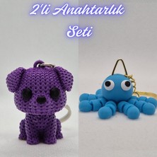 3D Atölye Maker  Mor Örgü Desenli Köpek ve Açık Mavi Şaşkın Ahtapot Anahtarlık