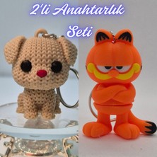 3D Atölye Maker  Krem Örgü Desenli Köpek ve Garfield Anahtarlık