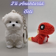 3D Atölye Maker  Beyaz Maltase Terrier ve Kırmızı Örgü Desen Hareketli Dino Anahtarlık