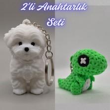 3D Atölye Maker  Beyaz Maltase Terrier ve Yeşil Örgü Desen Hareketli Dino Anahtarlık
