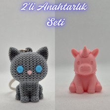 3D Atölye Maker  Gümüş Örgü Desenli Kedi ve Açık Pembe Unicorn Anahtarlık