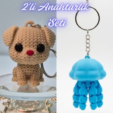 3D Atölye Maker  Krem Örgü Desenli Köpek ve Açık Mavi Hareketli Deniz Anası Anahtarlık