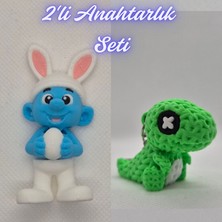 3D Atölye Maker  Şirinler ve Yeşil Örgü Desen Hareketli Dino Anahtarlık