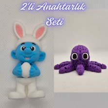 3D Atölye Maker  Şirinler ve Mor Örgü Desen Ahtapot Anahtarlık
