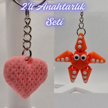 3D Atölye Maker  Açık Pembe Örgü Desenli Kalp ve Turuncu Hareketli Deniz Yıldızı Anahtarlık