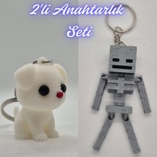3D Atölye Maker  Beyaz Örgü Desenli Köpek ve Gümüş MineCraft Skeleton Anahtarlık