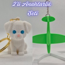 3D Atölye Maker  Beyaz Örgü Desen Köpek-2 ve Yeşil Uçak Anahtarlık
