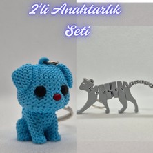 3D Atölye Maker  Açık Mavi Örgü Desenli Köpek ve Gümüş Esnek Kedi Anahtarlık