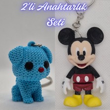 3D Atölye Maker  Açık Mavi Örgü Desenli Köpek ve Esnek Mickey Mouse Anahtarlık