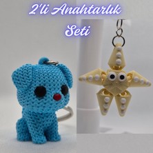 3D Atölye Maker  Açık Mavi Örgü Desenli Köpek ve Açık Sarı Hareketli Deniz Yıldızı Anahtarlık