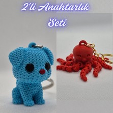 3D Atölye Maker Açık Mavi Örgü Desenli Köpek ve Pembe Ahtapot  Anahtarlık