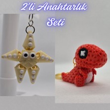 3D Atölye Maker  Açık Sarı Hareketli Deniz Yıldızı ve Kırmızı Örgü Desen Hareketli Dino Anahtarlık