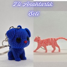 3D Atölye Maker  Mavi Örgü Desenli Köpek ve Açık Pembe Esnek Kedi Anahtarlık